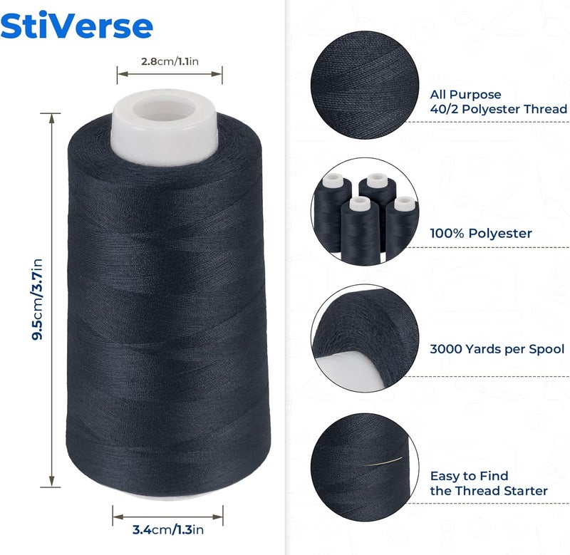 StiVerse عبوة 4 خيوط زرقاء داكنة، 3000 ياردة خيوط دنيم للجينز، خياطة بوليستر لآلة السيرجر والأوفرلوك، الحياكة، التجميع، آلة الخياطة - Image 2